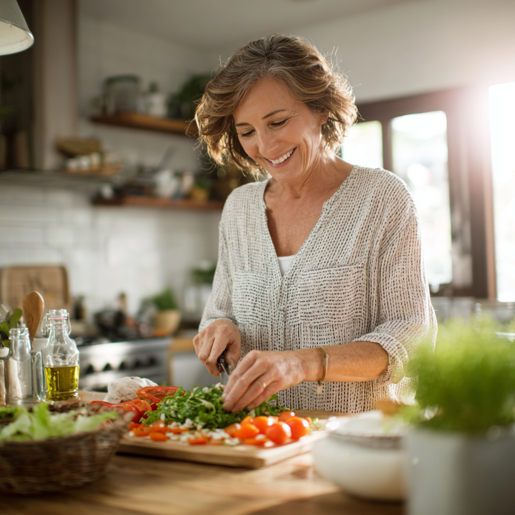 50 years old woman enjoying fresh salad preparation in bright natural kitchen environment
