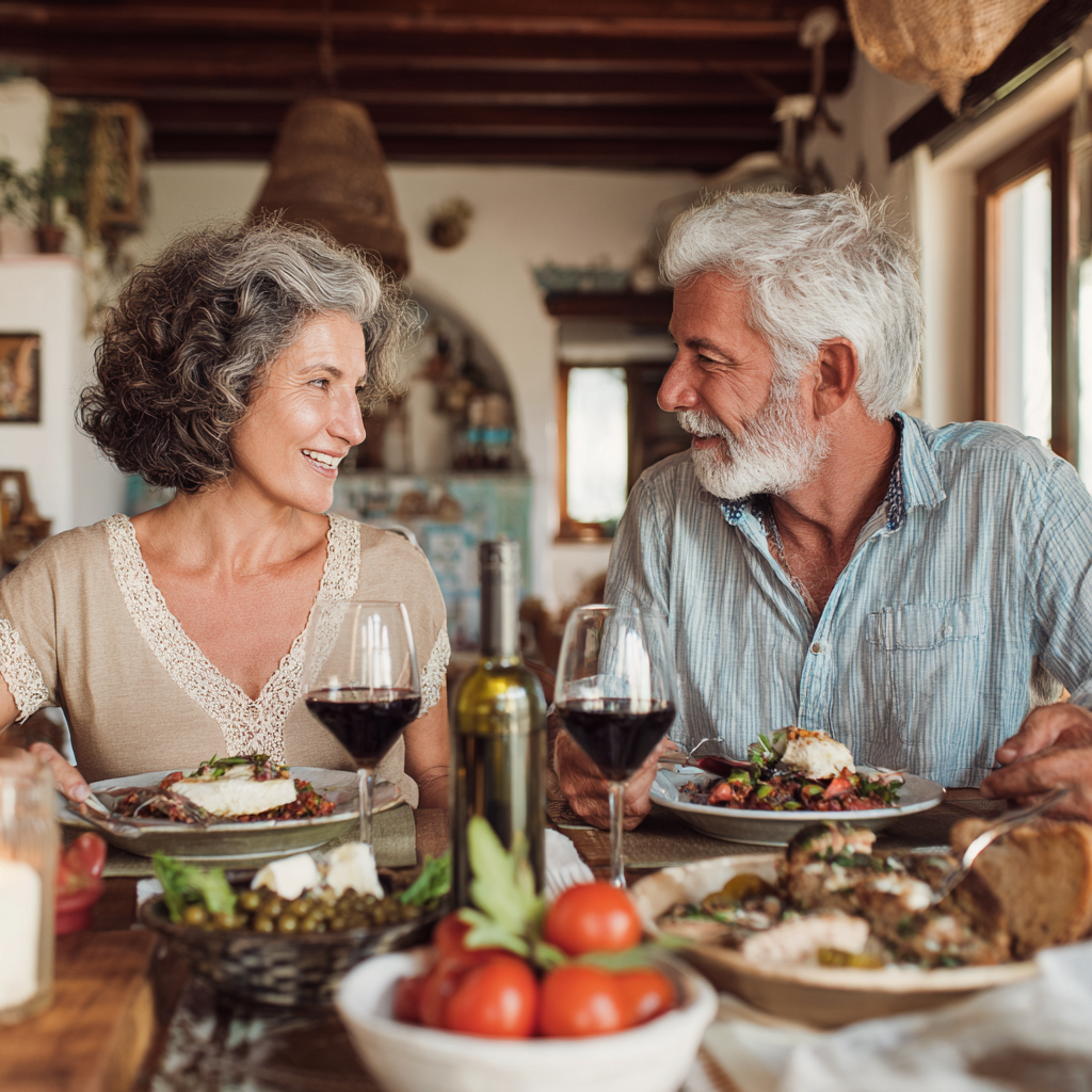 51 years old couple sharing Mediterranean-style meal in cozy dining setting