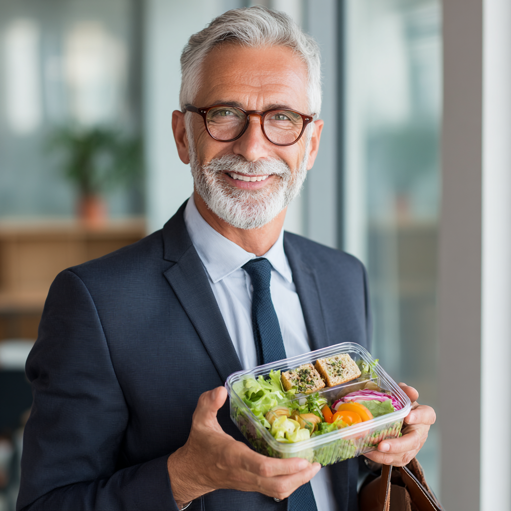 Confident 53 years old businessman with healthy lunch