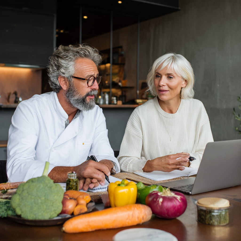 Professional 52 years old nutritionist consulting with 50 years old client about healthy meal planning